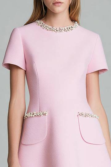 A Line Short Pink Work Dress with Beading